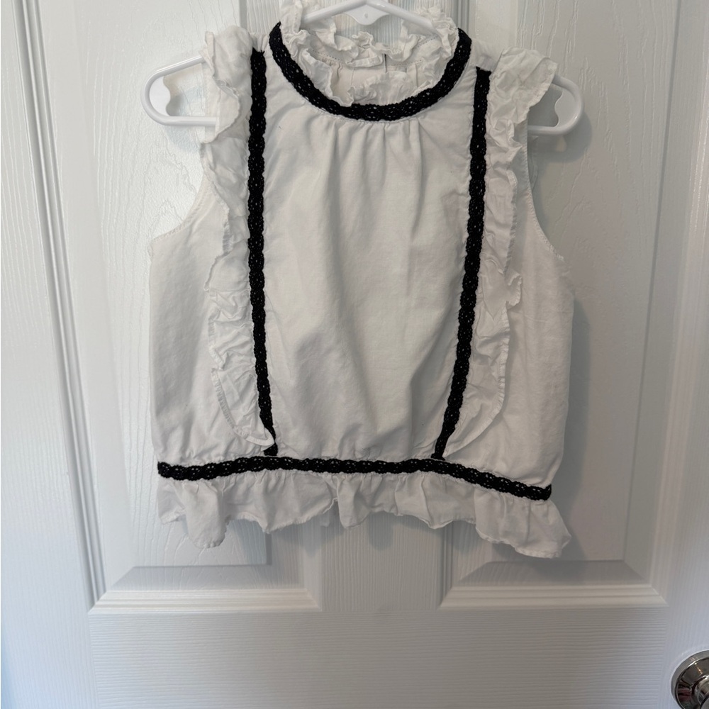 Janie and Jack White Sleeveless Ruffle Top with Black Trim